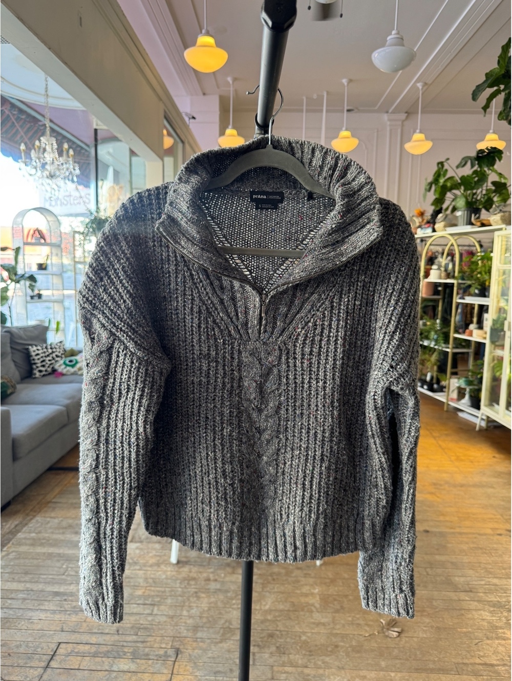 prAna Women's Gray Cable Knit Pullover Sweater with Half Zip